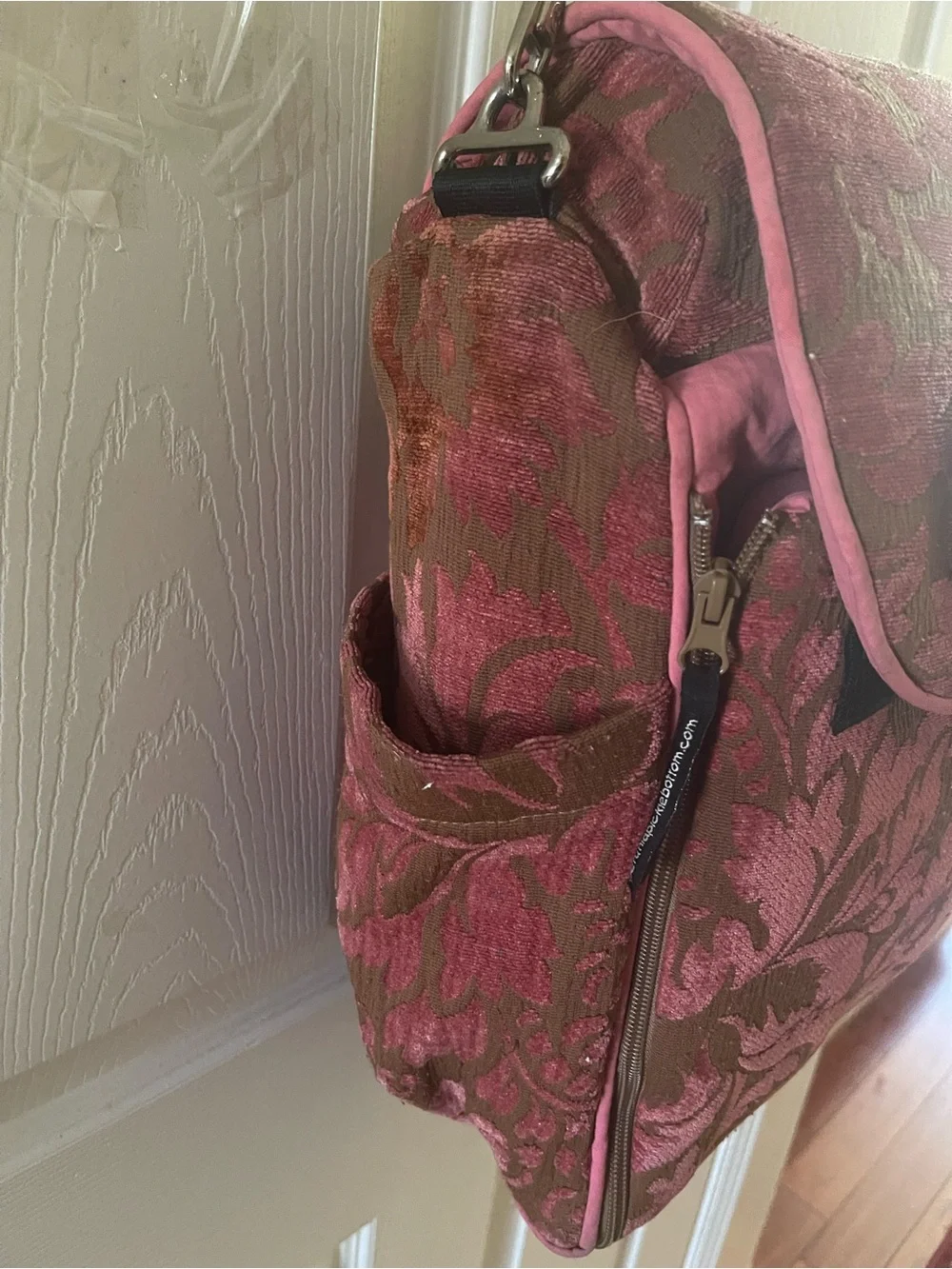 Petunia Pickle Bottom Pink Floral Jacquard Messenger Diaper Bag with Black Strap